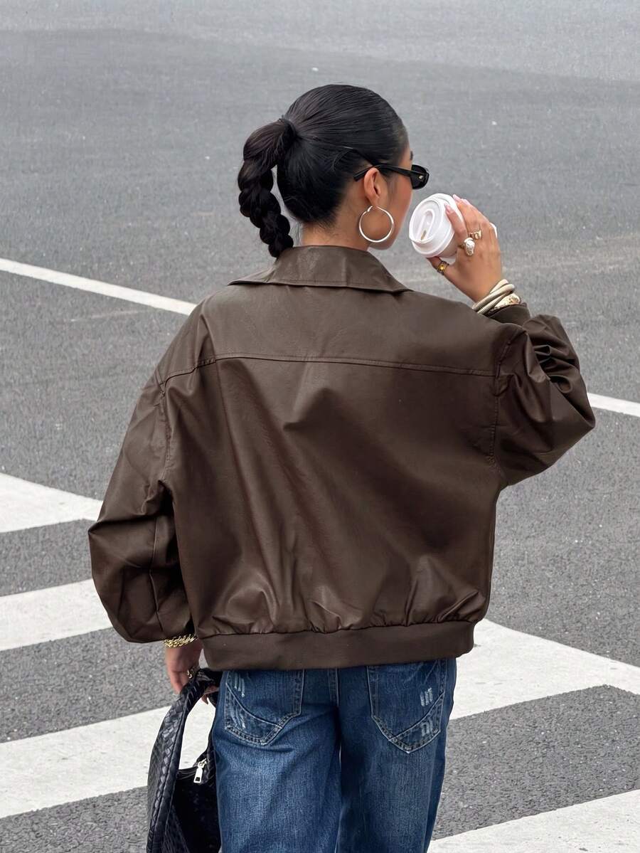Elise Zip Up Drop Shoulder PU Jacket - Chocolate Brown
