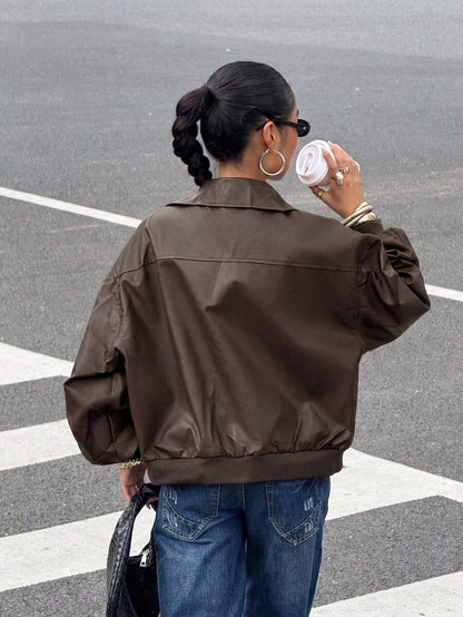 Elise Zip Up Drop Shoulder PU Jacket - Chocolate Brown