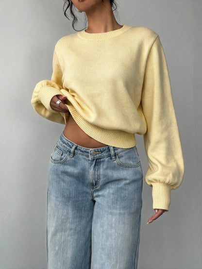 Aurelia Chunky Waffle Knit Crew Neck Relaxed Sweater - Butter Yellow