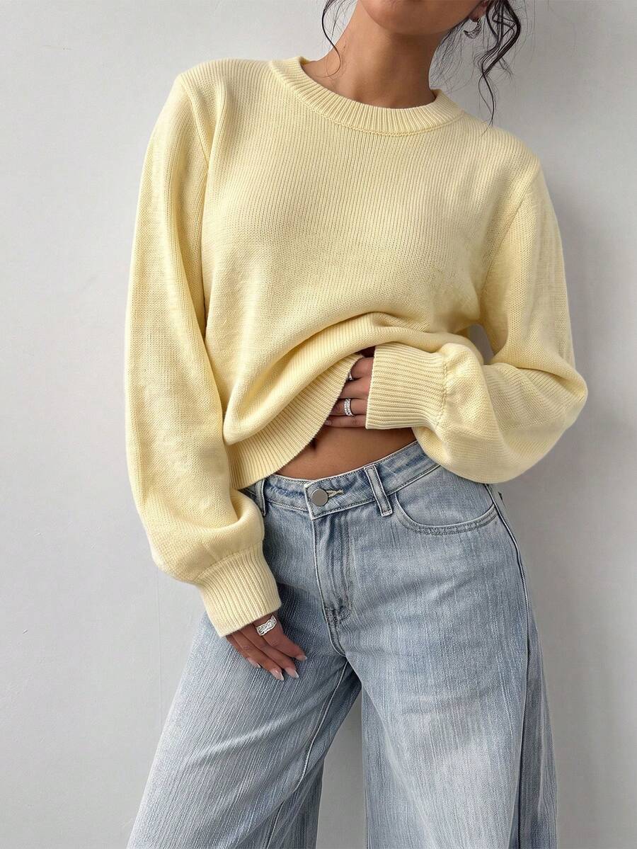 Aurelia Chunky Waffle Knit Crew Neck Relaxed Sweater - Butter Yellow