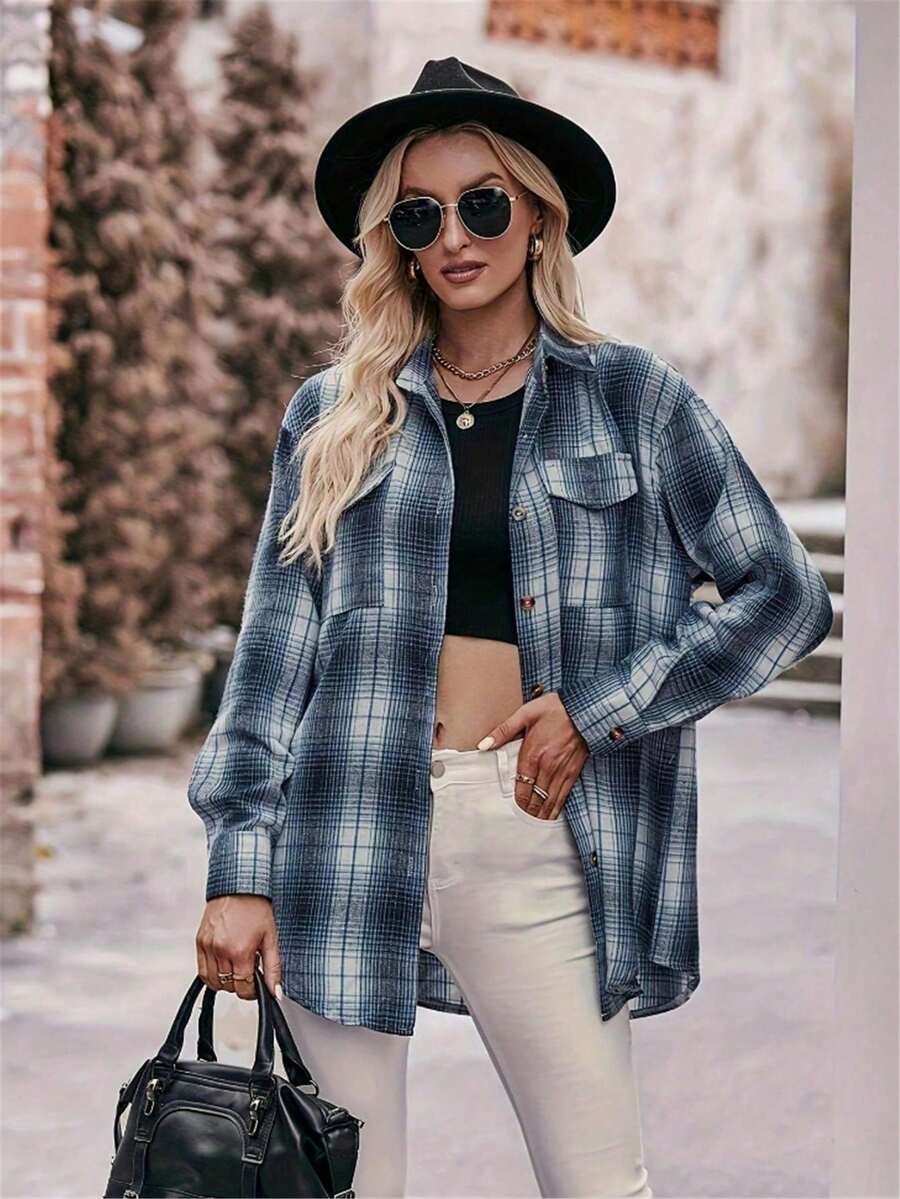 Astrid Plaid Drop Shoulder Shirt Collar Top - Red