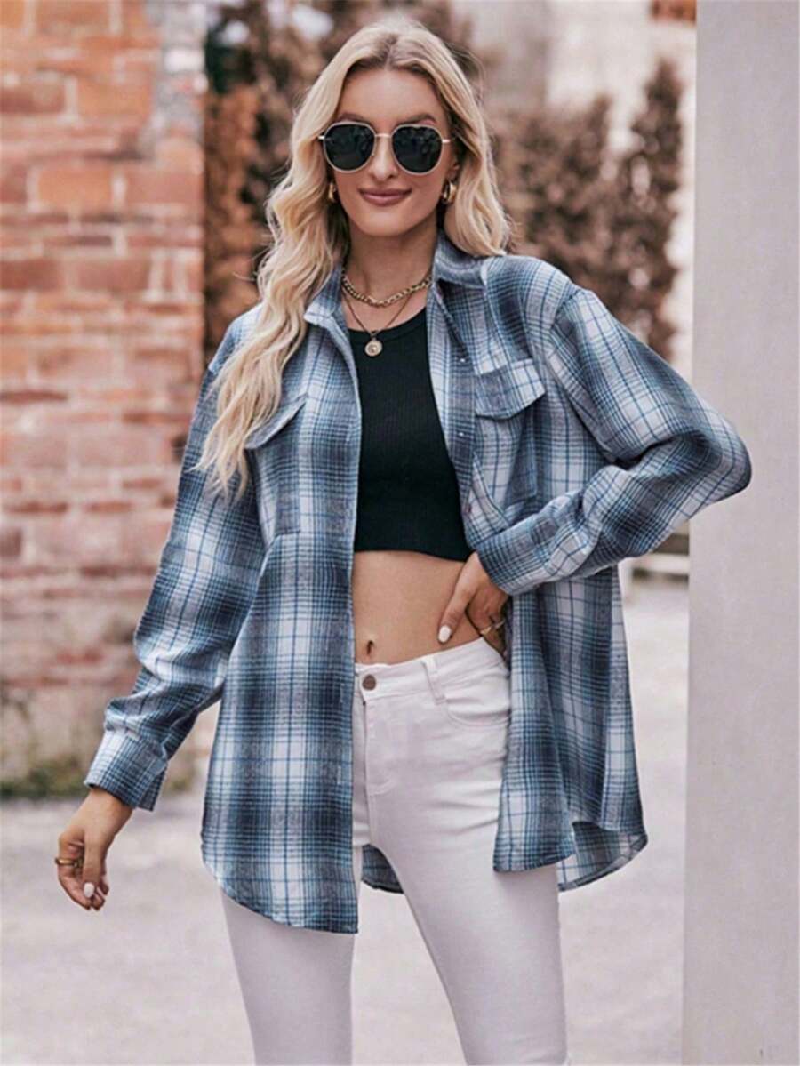 Astrid Plaid Drop Shoulder Shirt Collar Top - Pink