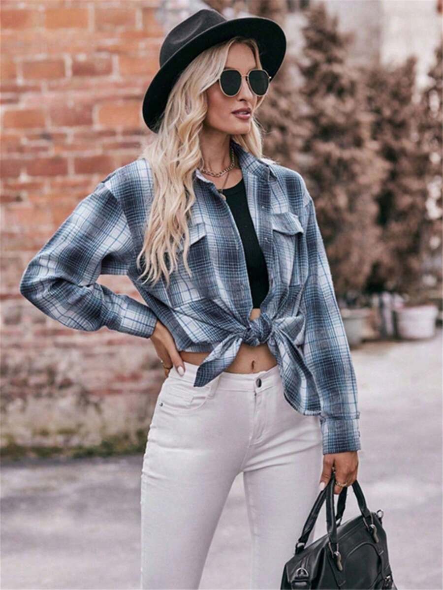 Astrid Plaid Drop Shoulder Shirt Collar Top - Black