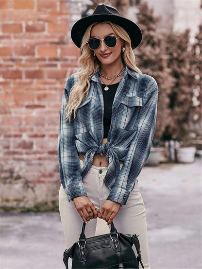 Astrid Plaid Drop Shoulder Shirt Collar Top - Orange