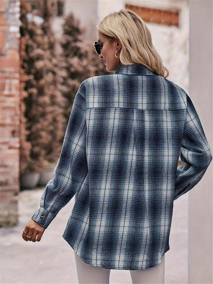 Astrid Plaid Drop Shoulder Shirt Collar Top - Navy Blue