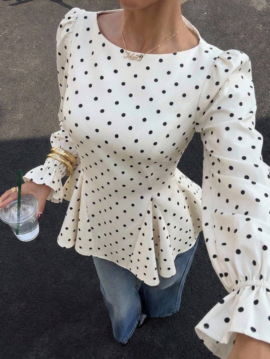 Piper Polka Dot Pleated Flare Sleeve Round Neck Shirt - Apricot