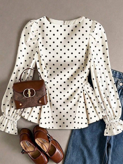 Piper Polka Dot Pleated Flare Sleeve Round Neck Shirt - Apricot