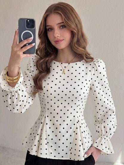 Piper Polka Dot Pleated Flare Sleeve Round Neck Shirt - Apricot