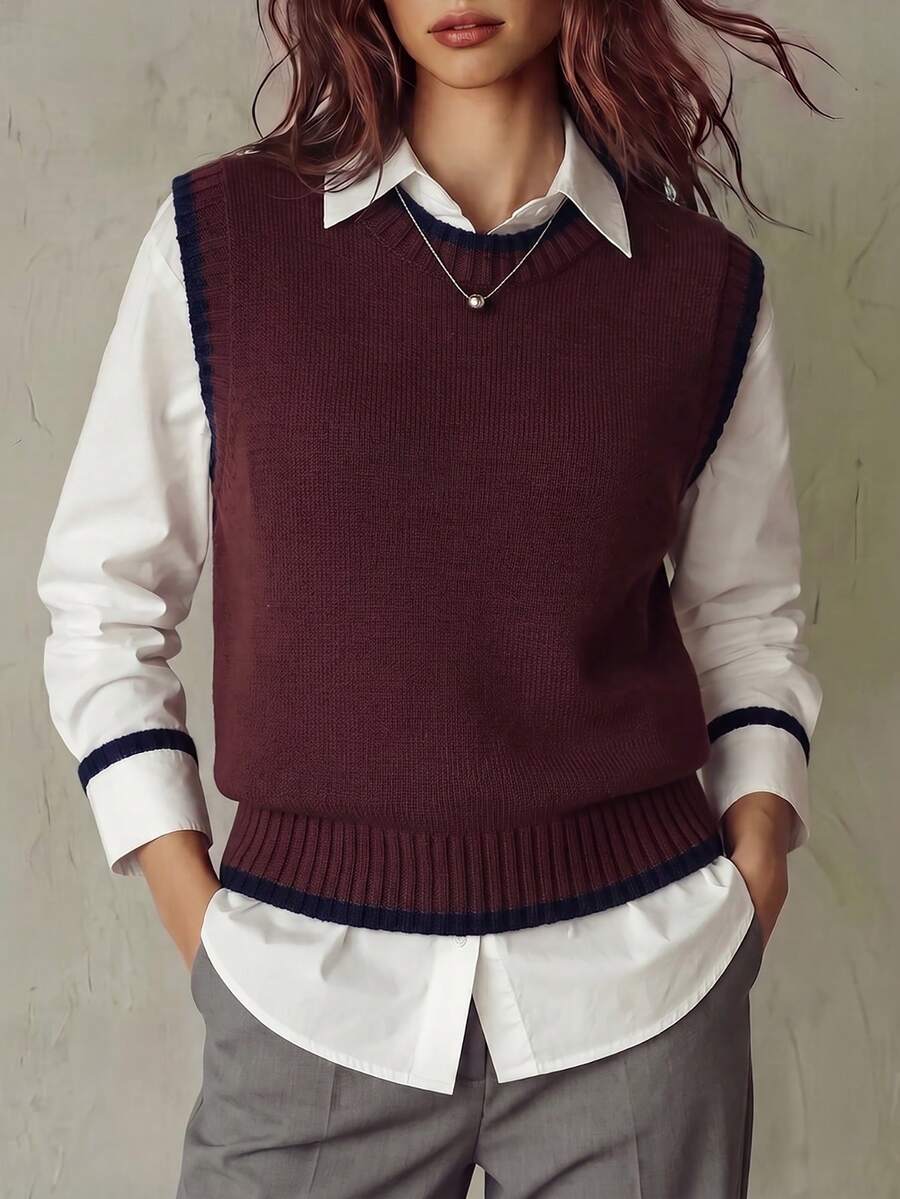 Beatrice Contrast Trim Sleeveless Knit Sweater Vest - Burgundy with Navy Trim