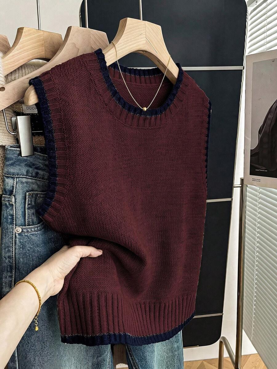 Beatrice Contrast Trim Sleeveless Knit Sweater Vest - Burgundy with Navy Trim