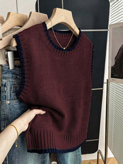 Beatrice Contrast Trim Sleeveless Knit Sweater Vest - Burgundy with Navy Trim