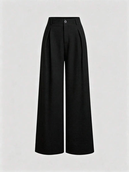 Katya Pleated Wide Leg Pants Tailored High Rise Trousers - Black