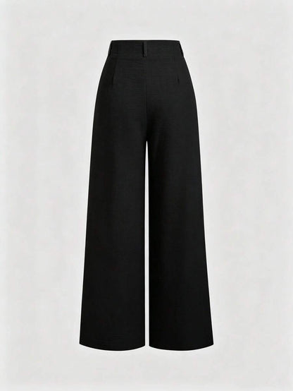 Katya Pleated Wide Leg Pants Tailored High Rise Trousers - Black