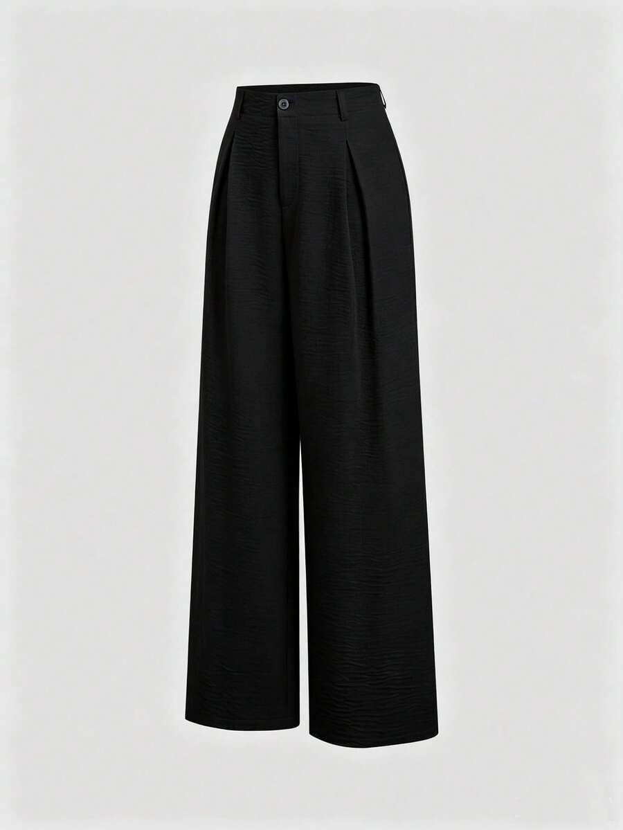 Katya Pleated Wide Leg Pants Tailored High Rise Trousers - Black