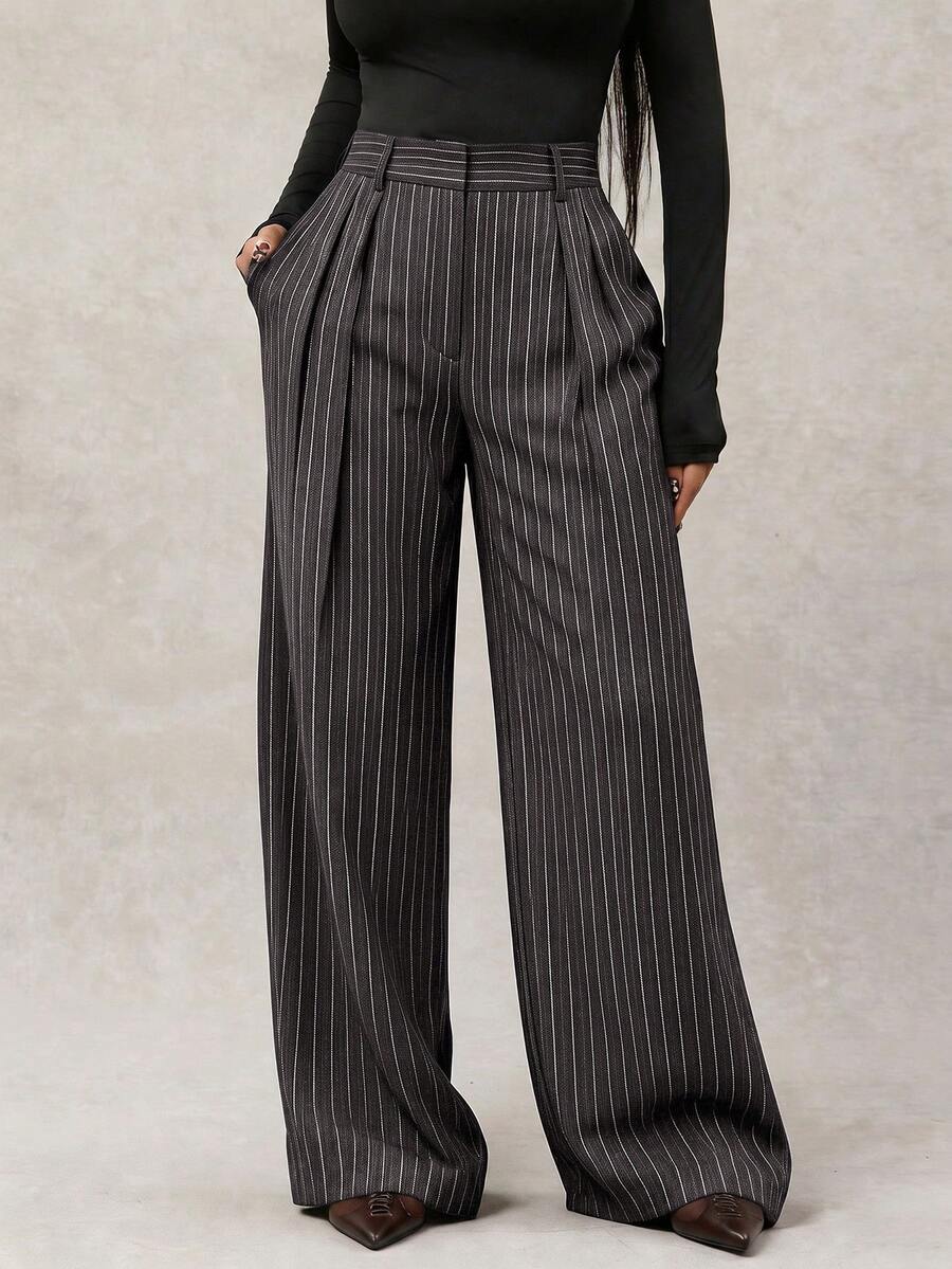 Theodora High Waist Pleated Oversized Wide Leg Suit Trousers - Charcoal Pinstripe