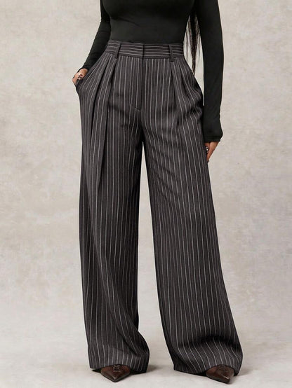 Theodora High Waist Pleated Oversized Wide Leg Suit Trousers - Charcoal Pinstripe