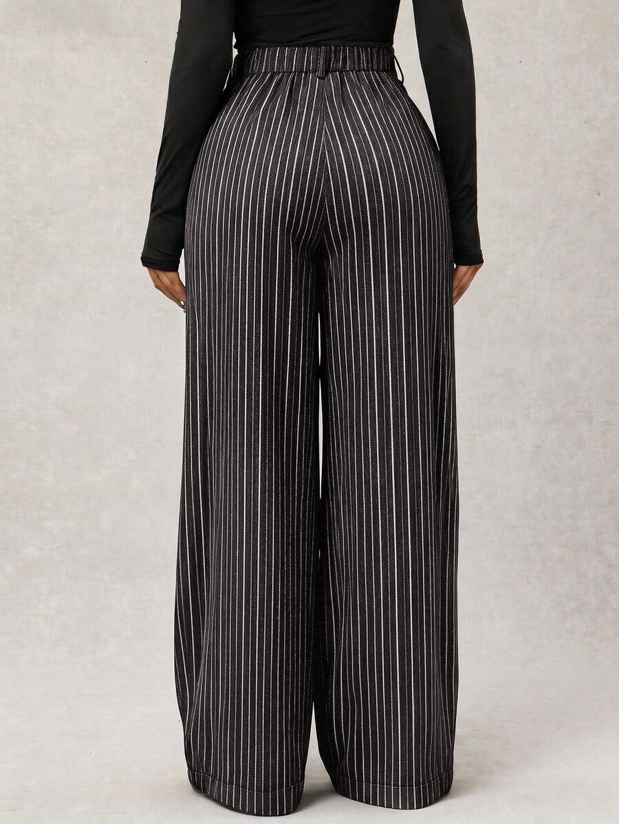 Theodora High Waist Pleated Oversized Wide Leg Suit Trousers - Charcoal Pinstripe