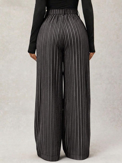 Theodora High Waist Pleated Oversized Wide Leg Suit Trousers - Charcoal Pinstripe