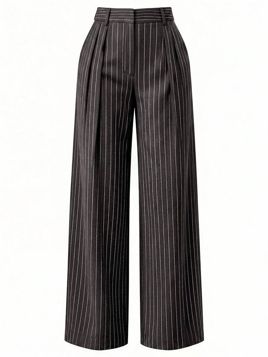 Theodora High Waist Pleated Oversized Wide Leg Suit Trousers - Charcoal Pinstripe