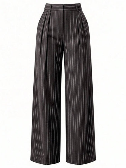 Theodora High Waist Pleated Oversized Wide Leg Suit Trousers - Charcoal Pinstripe
