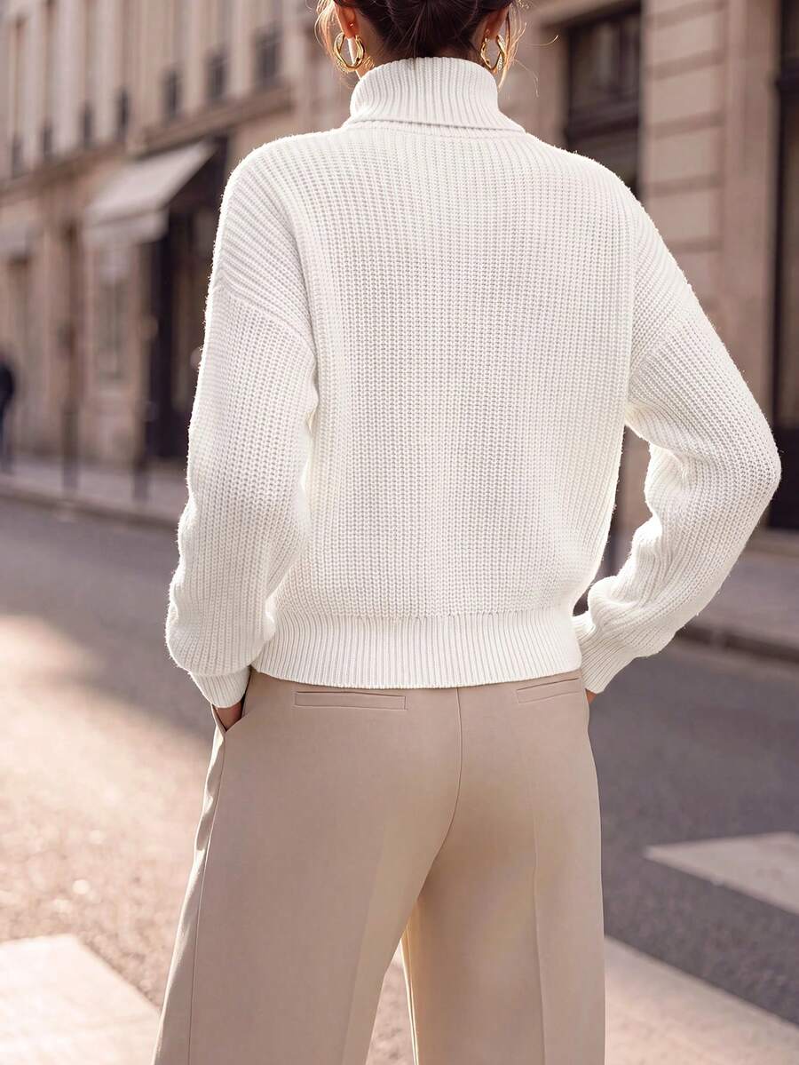 Wilhelmina Rib Knit Turtleneck Drop Shoulder Pullover Sweater - White