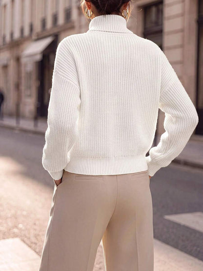 Wilhelmina Rib Knit Turtleneck Drop Shoulder Pullover Sweater - White
