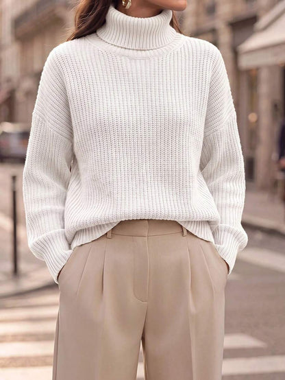 Wilhelmina Rib Knit Turtleneck Drop Shoulder Pullover Sweater - Grey