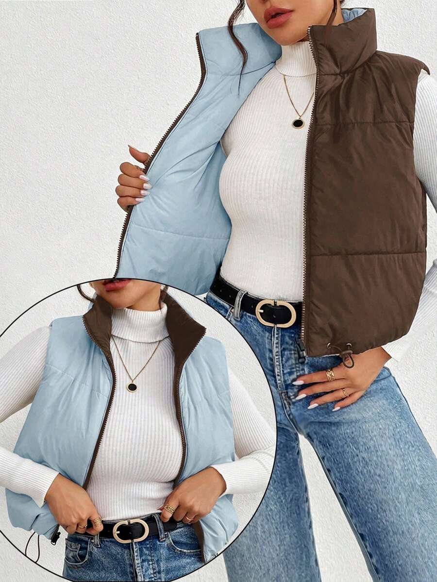 Hallstatt Short Zip Front Puffer Vest with Stand Collar - Coffee Brown