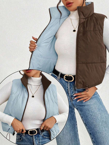 Hallstatt Short Zip Front Puffer Vest with Stand Collar - Coffee Brown