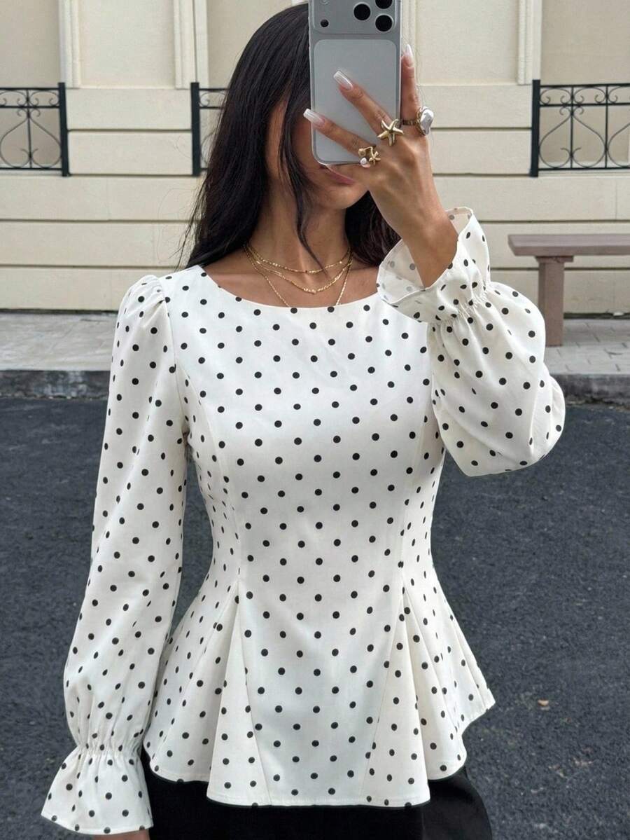 Piper Polka Dot Pleated Flare Sleeve Round Neck Shirt - Apricot