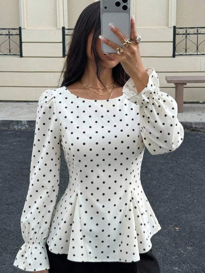 Piper Polka Dot Pleated Flare Sleeve Round Neck Shirt - Apricot