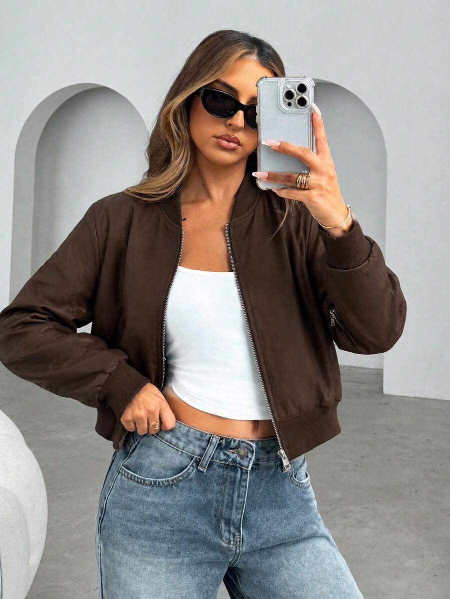 Steamboat Zip Up Bomber Jacket with Ribbed Trim - Coffee Brown