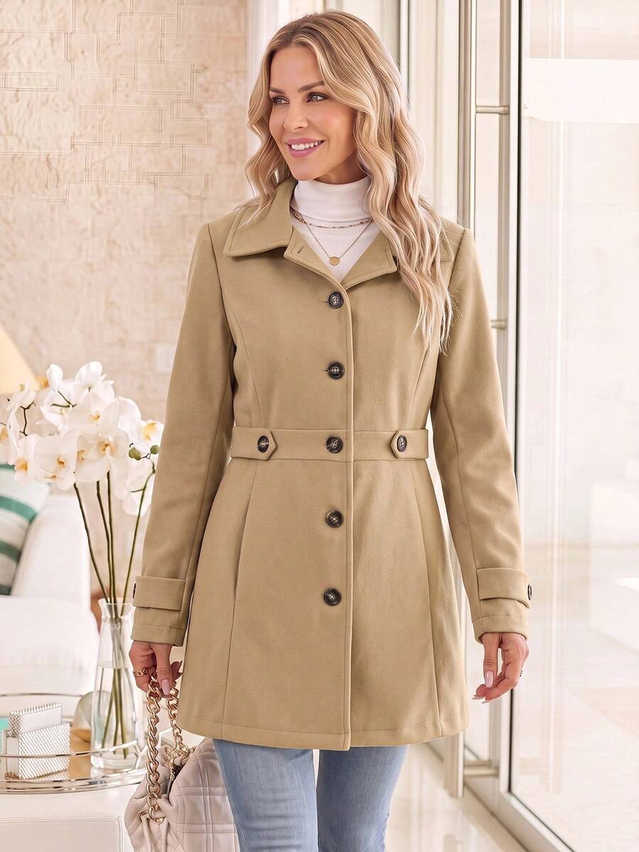Juliana Single-Breasted Collared Coat with Button Front and Pockets - Light Grey
