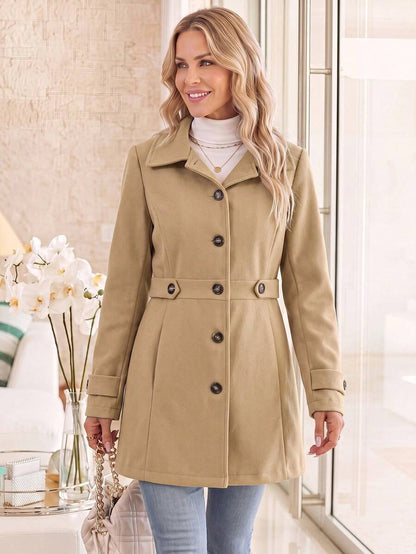 Juliana Single-Breasted Collared Coat with Button Front and Pockets - Light Grey