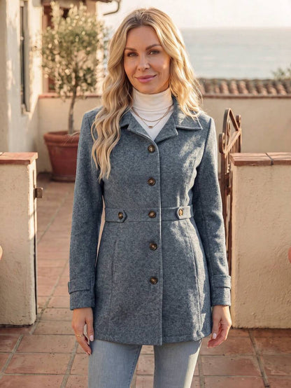 Juliana Single-Breasted Collared Coat with Button Front and Pockets - Khaki