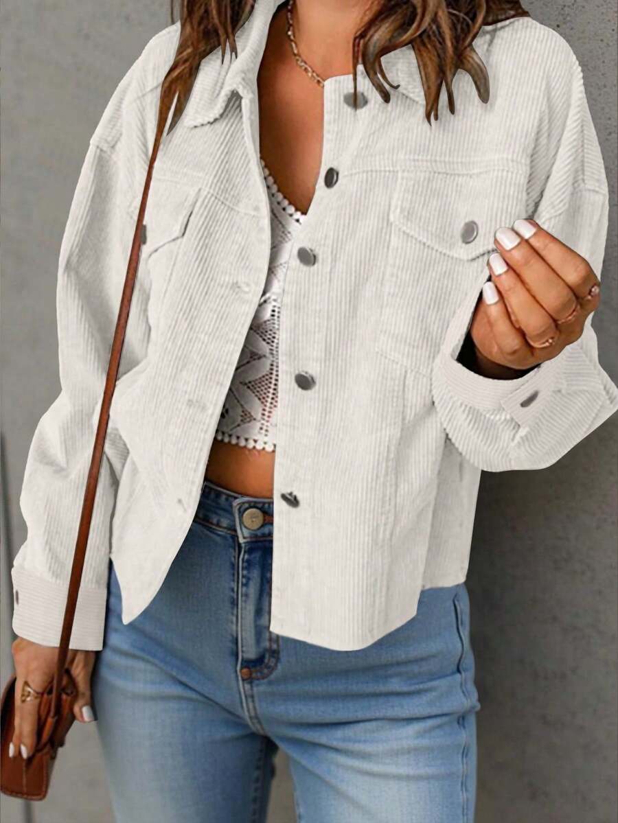 Montreux Corduroy Cropped Button Front Shacket Jacket - White