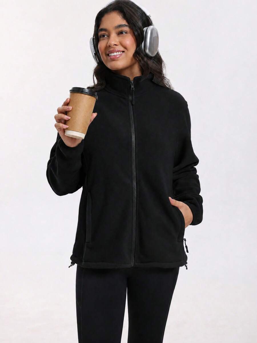 Gwendolyn Full Zip Fleece Jacket with Stand Collar and Pockets - Black