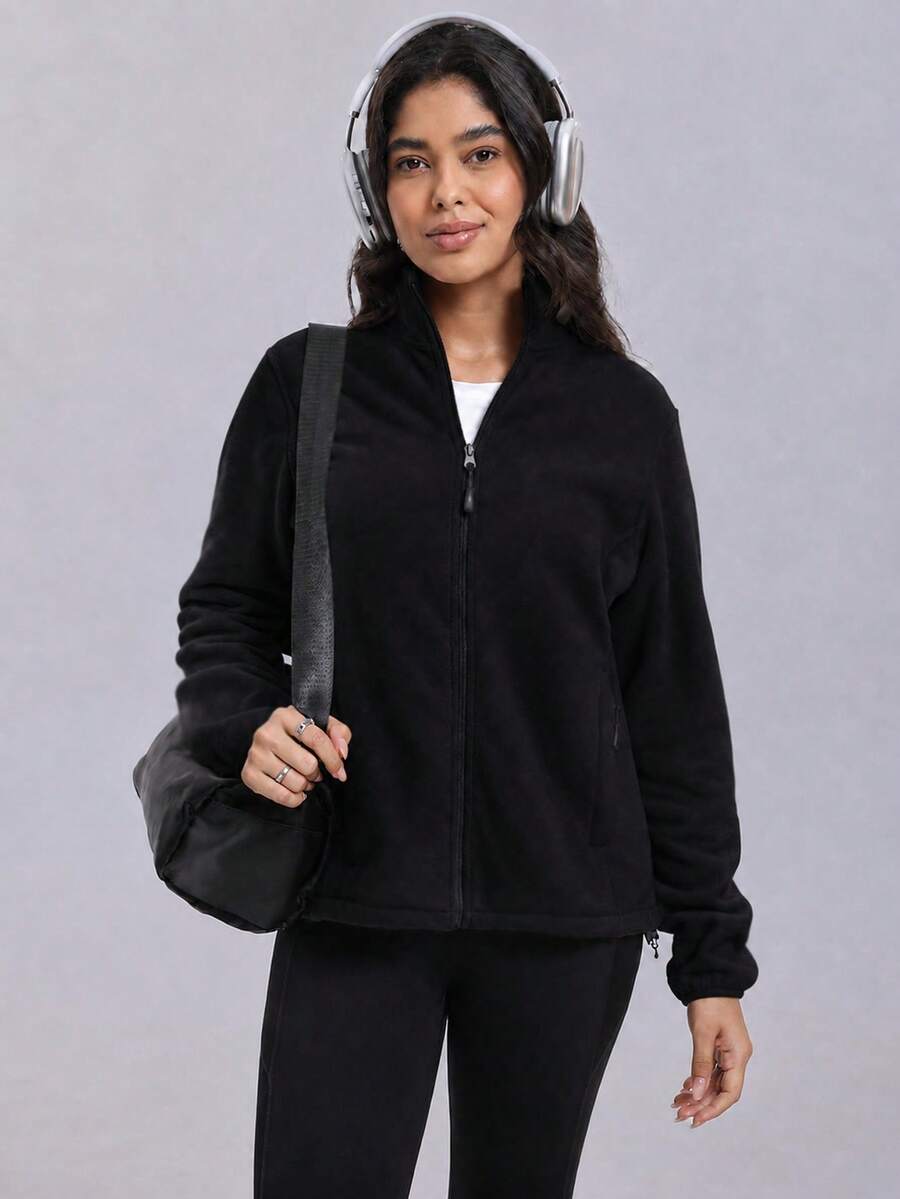 Gwendolyn Full Zip Fleece Jacket with Stand Collar and Pockets - Black