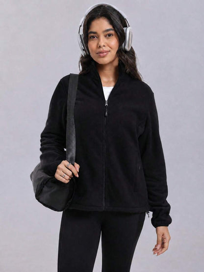 Gwendolyn Full Zip Fleece Jacket with Stand Collar and Pockets - Black