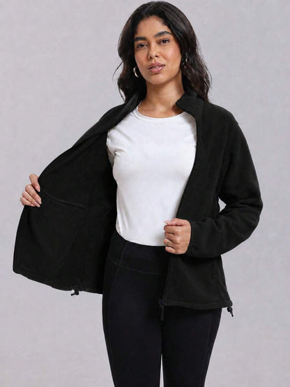 Gwendolyn Full Zip Fleece Jacket with Stand Collar and Pockets - Black