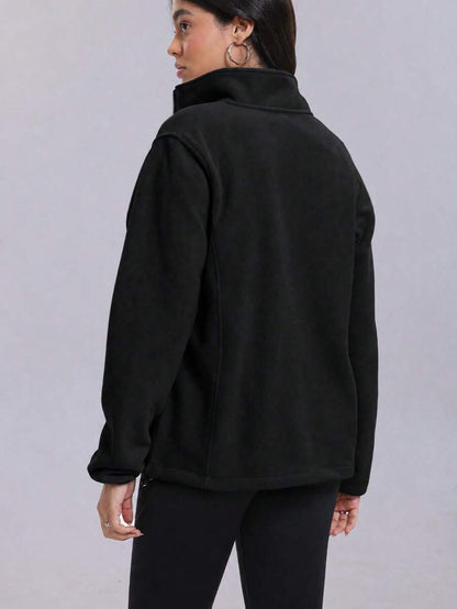 Gwendolyn Full Zip Fleece Jacket with Stand Collar and Pockets - Black