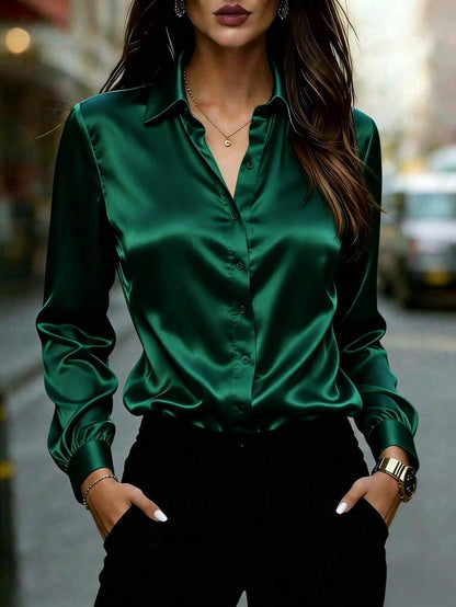 Women's Satin Button Up Collared Blouse, Long Sleeve Silky Shirt for Work and Evening - Khaki