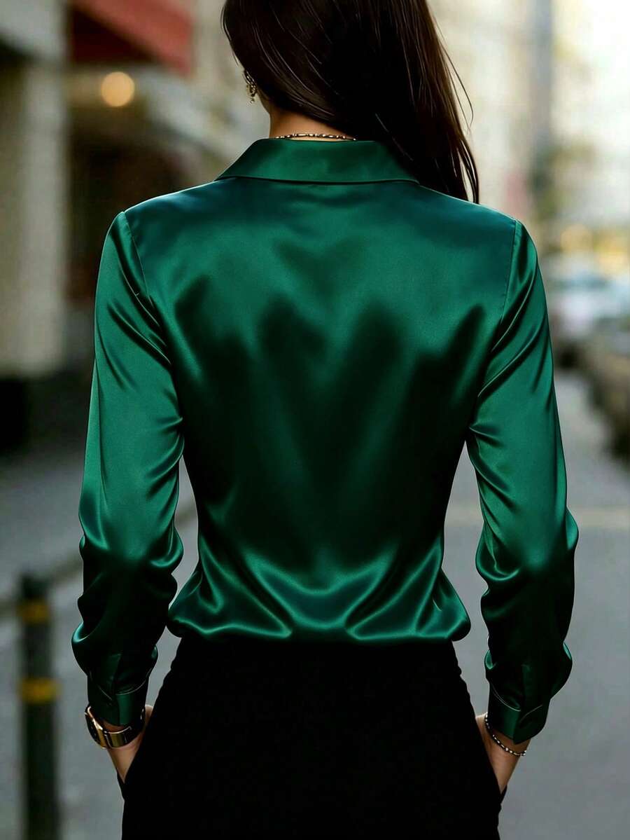 Women's Satin Button Up Collared Blouse, Long Sleeve Silky Shirt for Work and Evening - Army Green