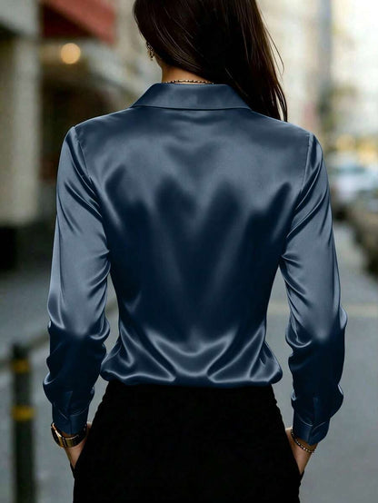 Women's Satin Button Up Collared Blouse, Long Sleeve Silky Shirt for Work and Evening - Purple