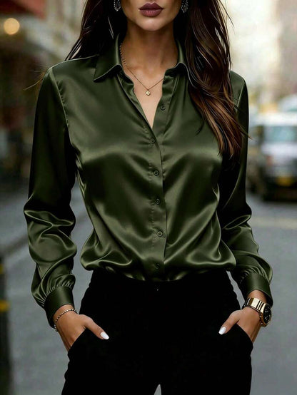 Women's Satin Button Up Collared Blouse, Long Sleeve Silky Shirt for Work and Evening - Dark Green