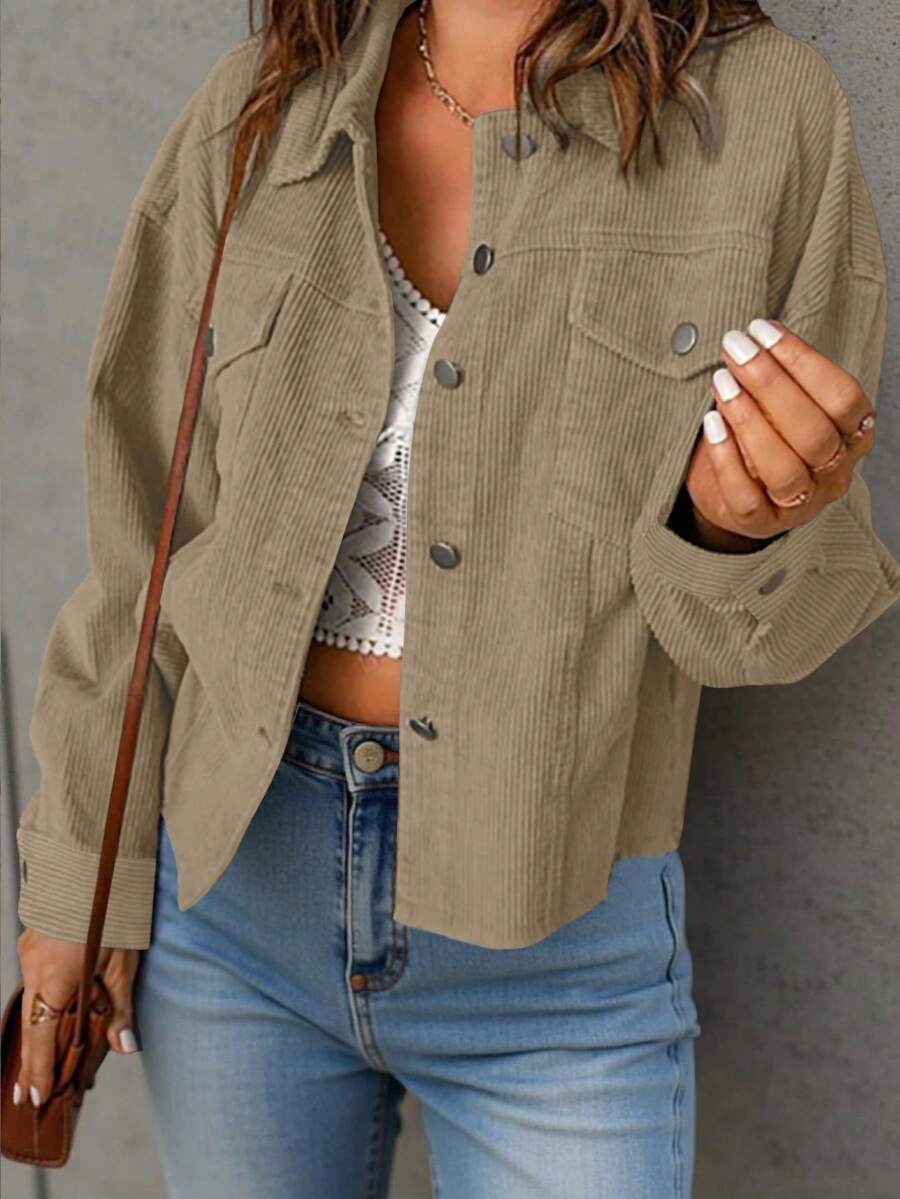 Montreux Corduroy Cropped Button Front Shacket Jacket - Khaki