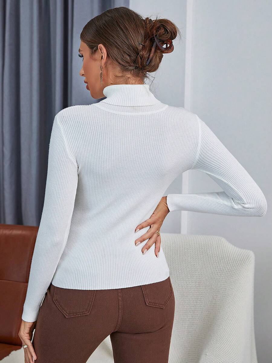 Ingrid Fitted Rib Knit Turtleneck Long Sleeve Pullover Sweater - White