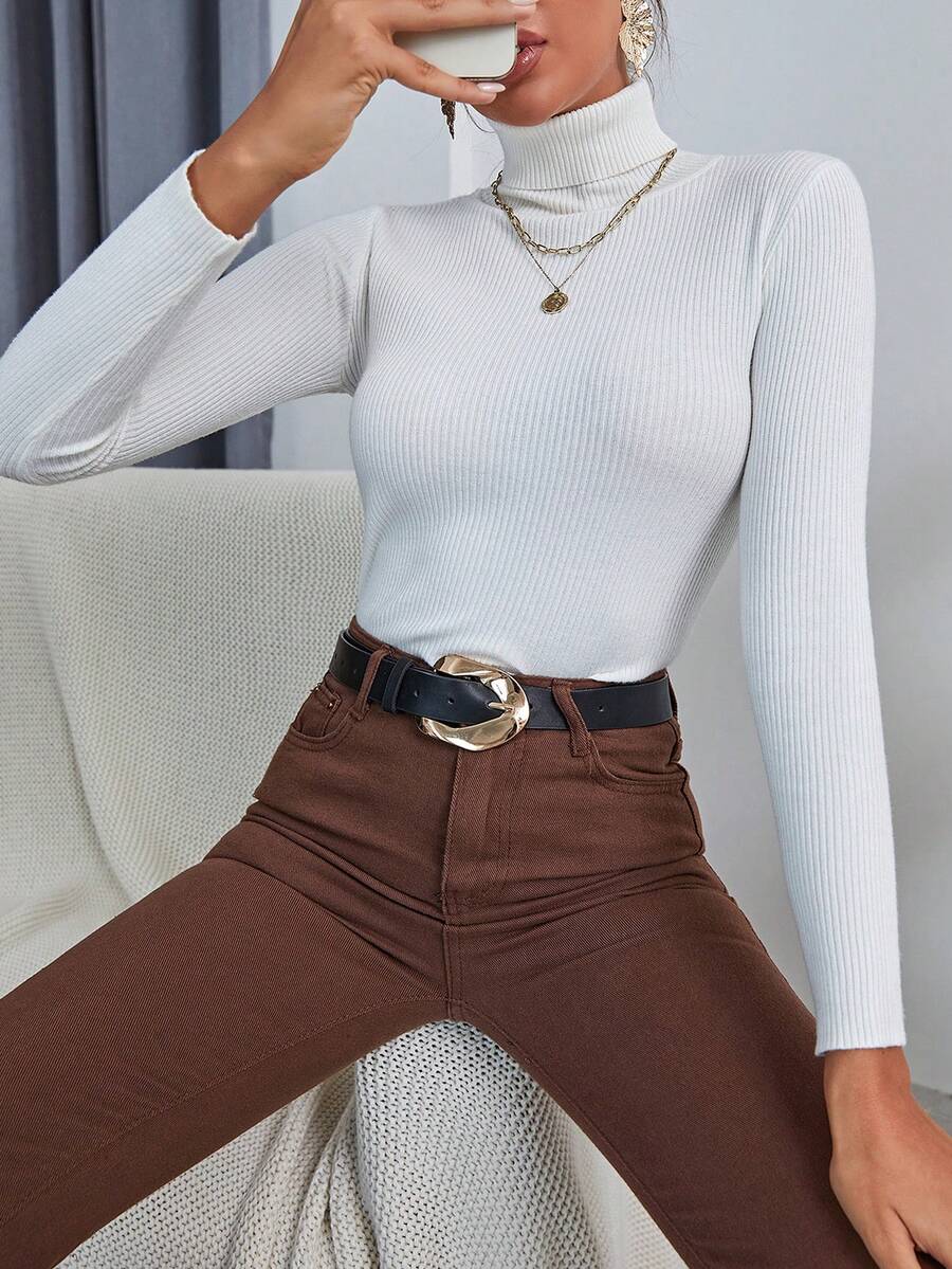 Ingrid Fitted Rib Knit Turtleneck Long Sleeve Pullover Sweater - White