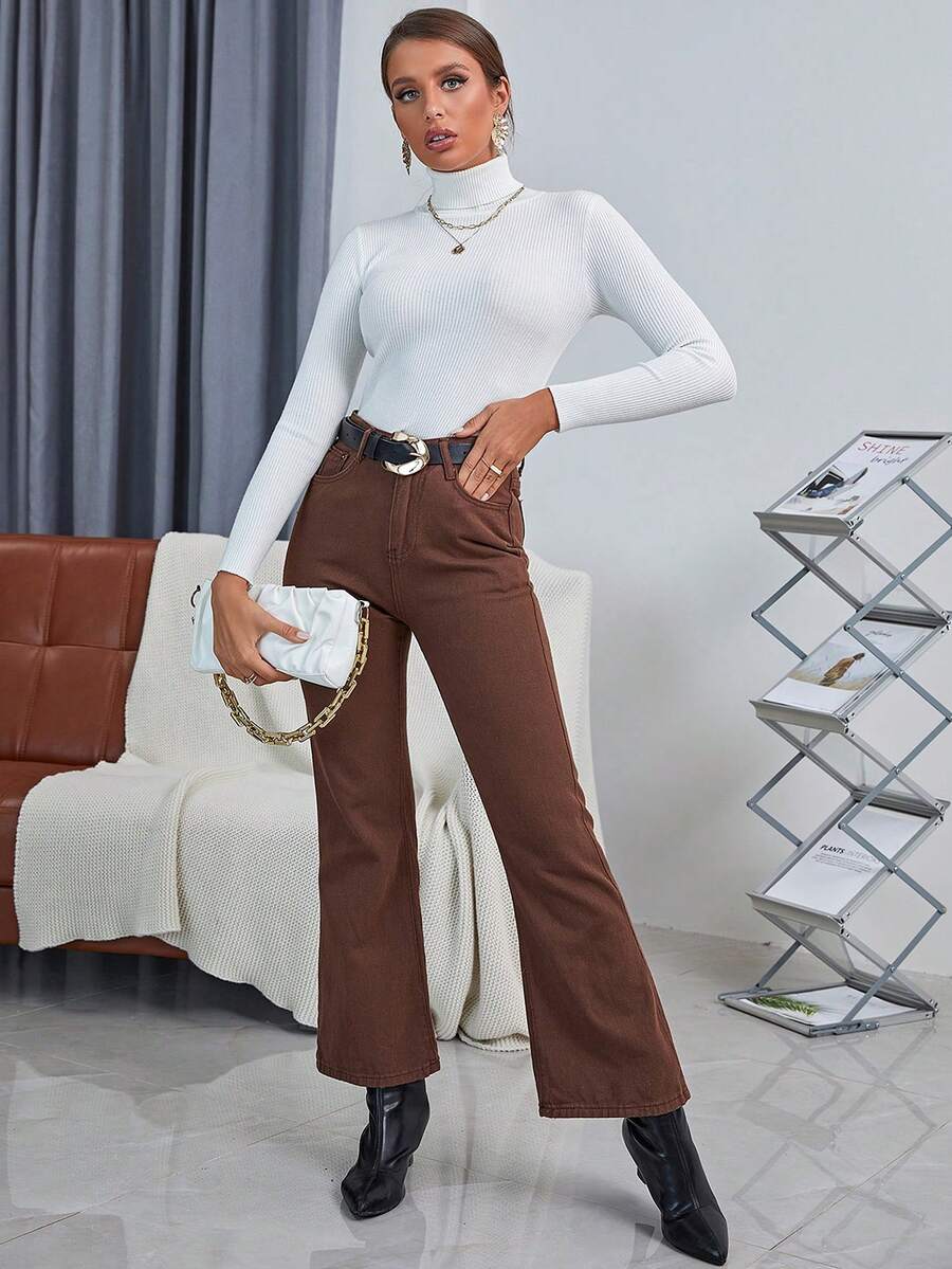 Ingrid Fitted Rib Knit Turtleneck Long Sleeve Pullover Sweater - White