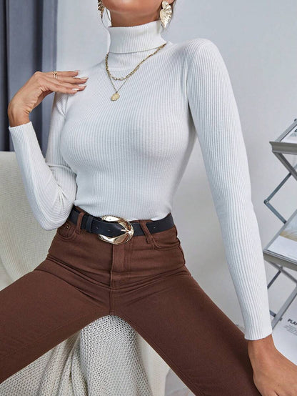 Ingrid Fitted Rib Knit Turtleneck Long Sleeve Pullover Sweater - White
